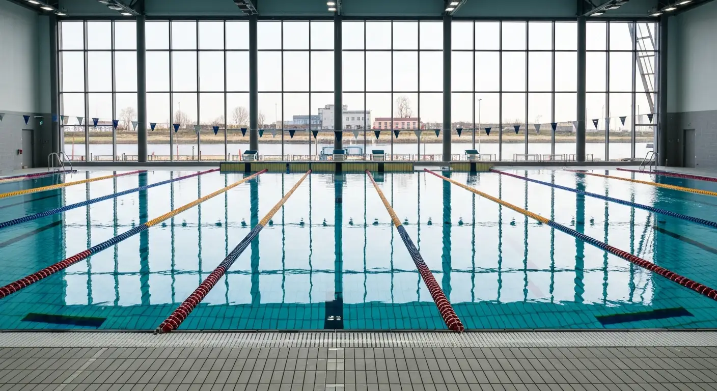 Nowoczesny kryty basen sportowy o wymiarach 50 na 25 metrow z turkusowa woda i torami plywackimi, przy duzych oknach nad