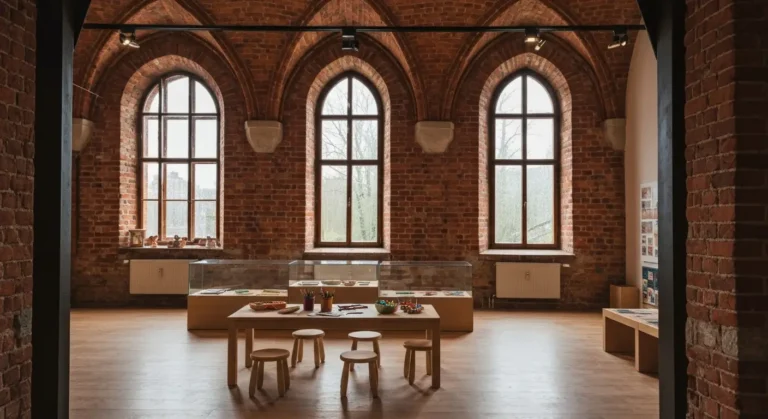 Przytulne wnetrze rodzinnego muzeum w Bydgoszczy ze stolikiem do zajec dla dzieci, ceglane sklepienie i deszczowe swiatl