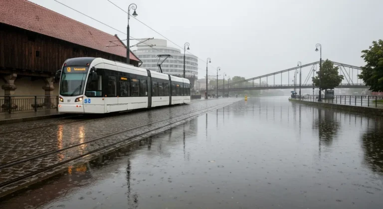Deszczowa Bydgoszcz - tramwaj MZK mija zabytkowe spichrze nad Brdą, w tle rotunda Opery Nova i mostki Wyspy Młyńskiej