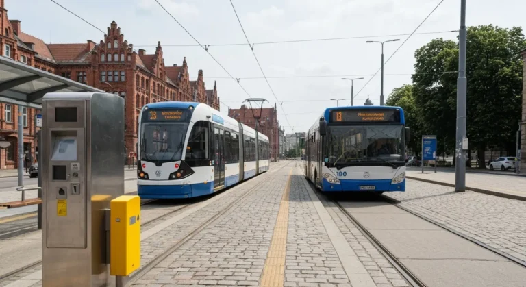 Bydgoski tramwaj i autobus na przystanku, automat biletowy i zolty kasownik na tle ceglanych kamienic