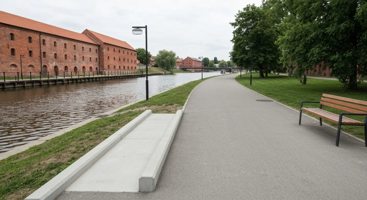 Dostepna brukowana promenada nad Brda w Bydgoszczy z lagodnym podjazdem, obnizonym kraweznikiem i drewniana lawka, w tle