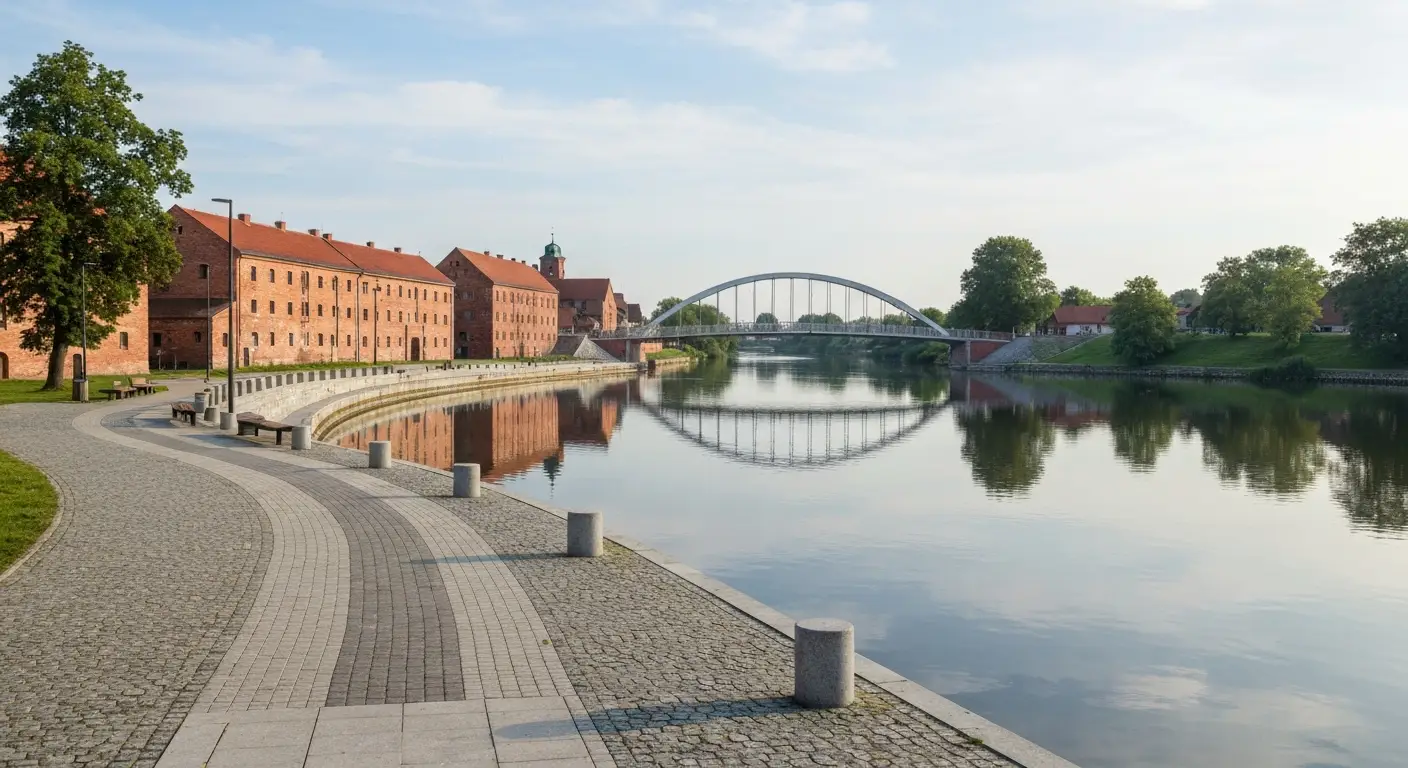 Bulwary nad Brdą w Bydgoszczy - brukowana promenada wzdłuż rzeki, zabytkowe spichrze i most pieszy w porannym świetle.