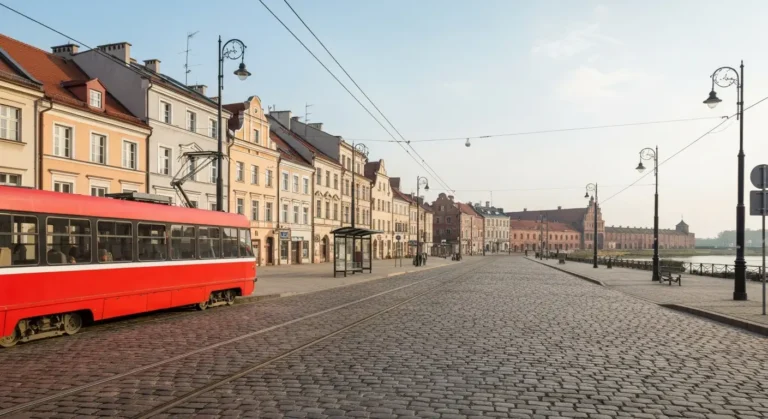 Brukowana ulica bydgoskiej starowki z czerwonym tramwajem i przystankiem autobusowym, w tle spichrze nad Brda w drodze n