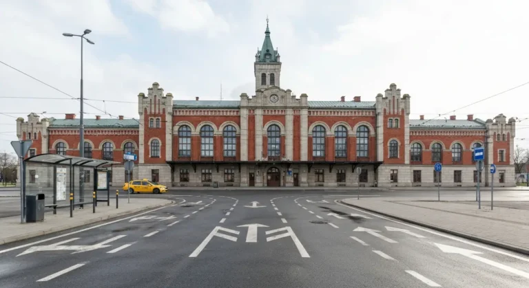 Zabytkowy ceglany dworzec kolejowy Bydgoszcz Glowna z wieza zegarowa, pusty plac przed dworcem z miejscami postojowymi i