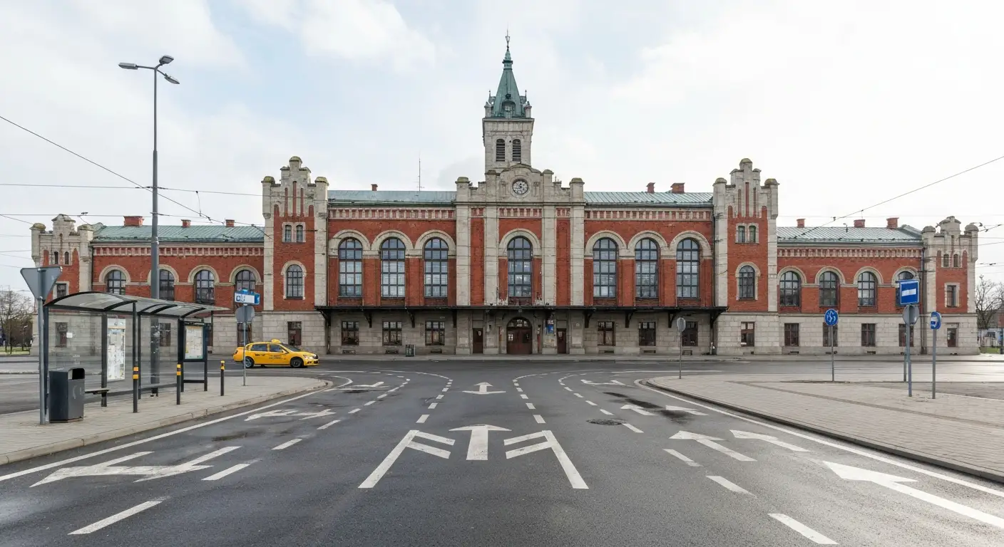Zabytkowy ceglany dworzec kolejowy Bydgoszcz Glowna z wieza zegarowa, pusty plac przed dworcem z miejscami postojowymi i