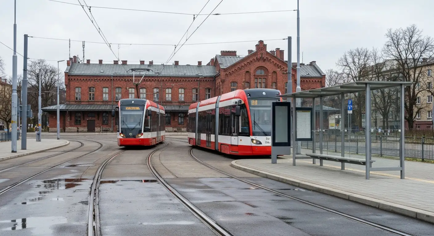 Tramwaj miejski przy pustym przystanku obok dworca Bydgoszcz Glowna, tory i zabytkowy budynek stacji w tle, dzienne swia