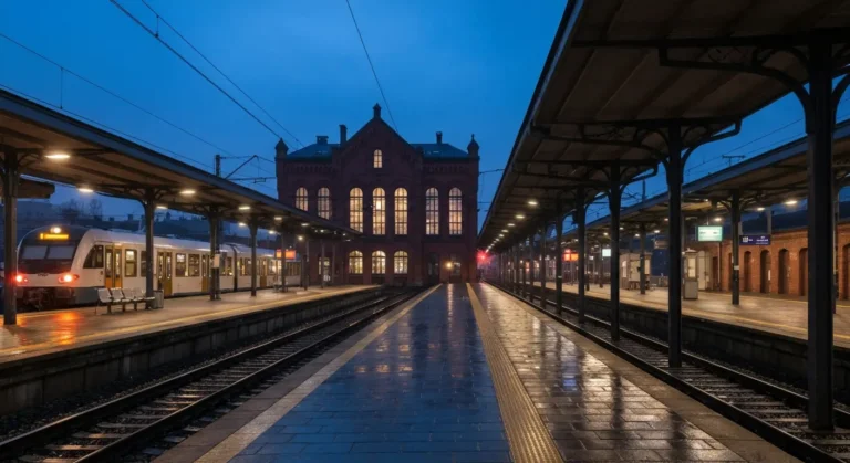 Nocny widok zabytkowego dworca Bydgoszcz Glowna, pusty peron ze stalowa wiata, pojedynczy pociag i mokre tory odbijajace