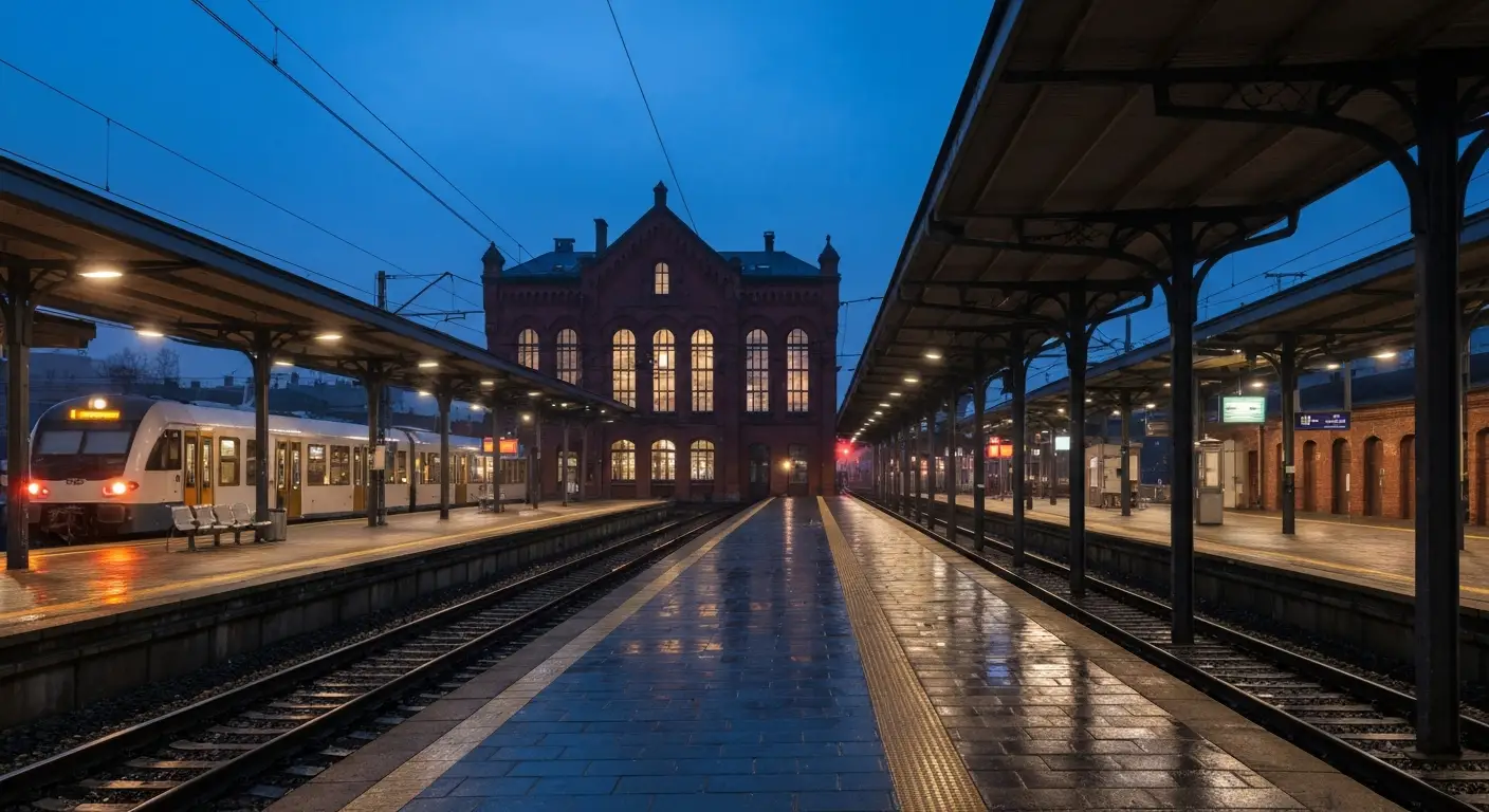 Nocny widok zabytkowego dworca Bydgoszcz Glowna, pusty peron ze stalowa wiata, pojedynczy pociag i mokre tory odbijajace