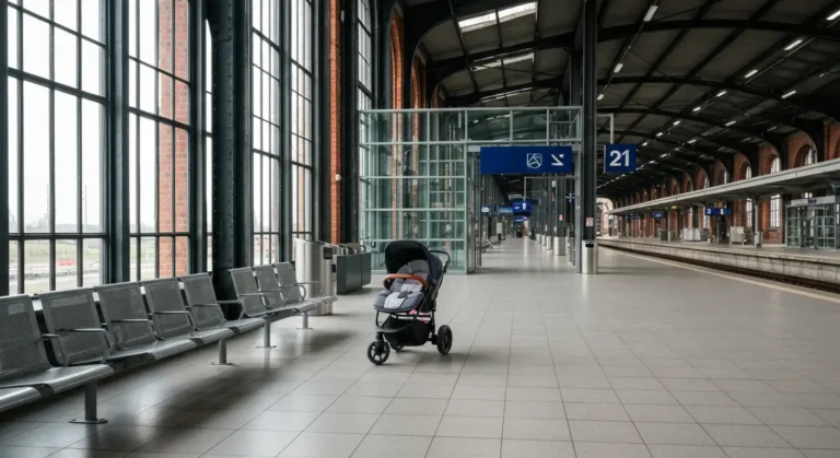Wnetrze dworca Bydgoszcz Glowna z wozkiem dzieciecym przy lawkach i szerokim przejsciem w strone peronow w naturalnym sw