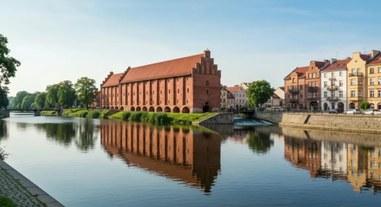 Zabytkowe spichrze nad Brdą i Wyspa Młyńska w Bydgoszczy w porannym świetle