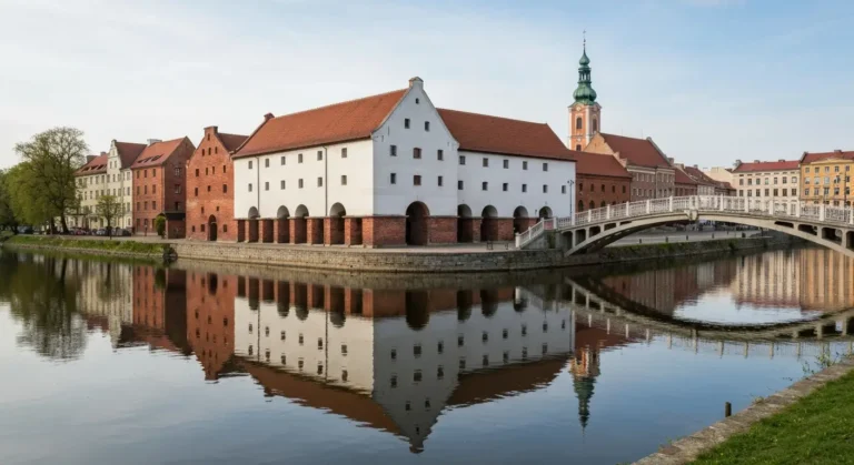 Wyspa Mlynska w Bydgoszczy z ceglanymi spichrzami odbitymi w rzece Brdzie i kladka nad woda, w tle kamienice Starego Ryn