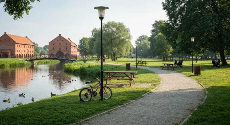 Rodzinna sceneria na Wyspie Mlynskiej w Bydgoszczy - rzeka Brda, ceglane spichrze, drewniana kladka i zielony park w por