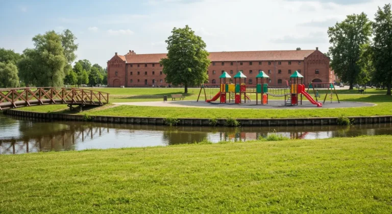 Plac zabaw i zielony teren nad Brda na Wyspie Mlynskiej w Bydgoszczy, w tle zabytkowe ceglane spichrze i drewniana kladk
