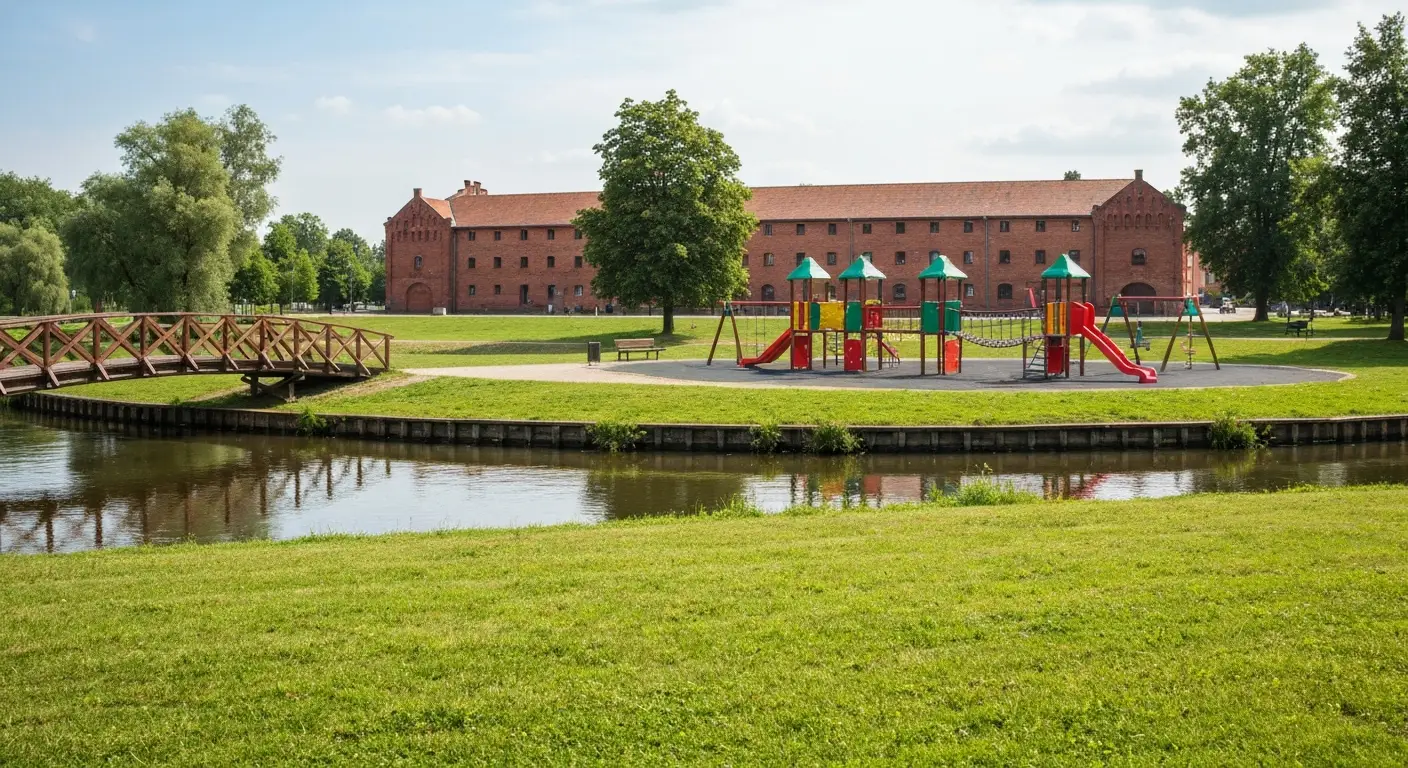 Plac zabaw i zielony teren nad Brda na Wyspie Mlynskiej w Bydgoszczy, w tle zabytkowe ceglane spichrze i drewniana kladk