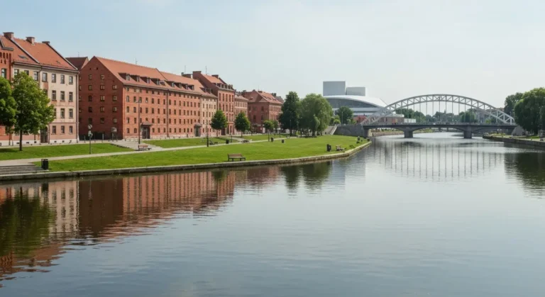 Bulwary nad Brdą w Bydgoszczy - ceglane spichrze, mosty i most nad rzeką, w tle nowoczesny gmach opery, zielona przestrz