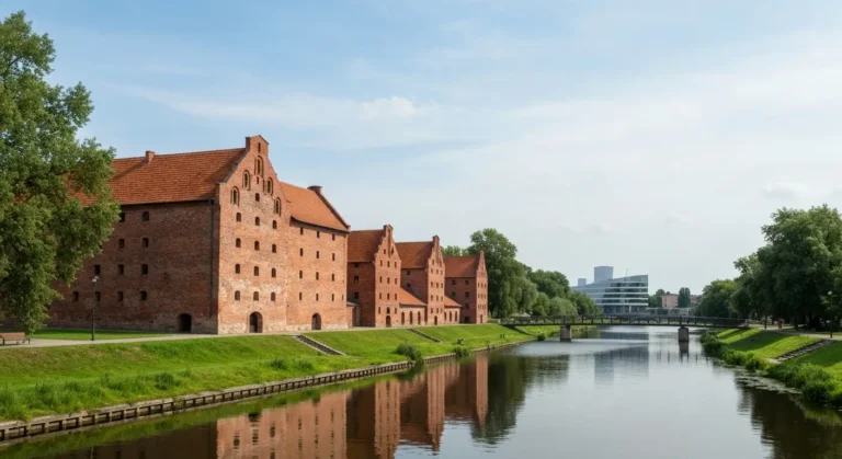 Wyspa Mlynska w Bydgoszczy nad Brda, zabytkowe spichrze i budynek Opery Nova w tle w letni dzien