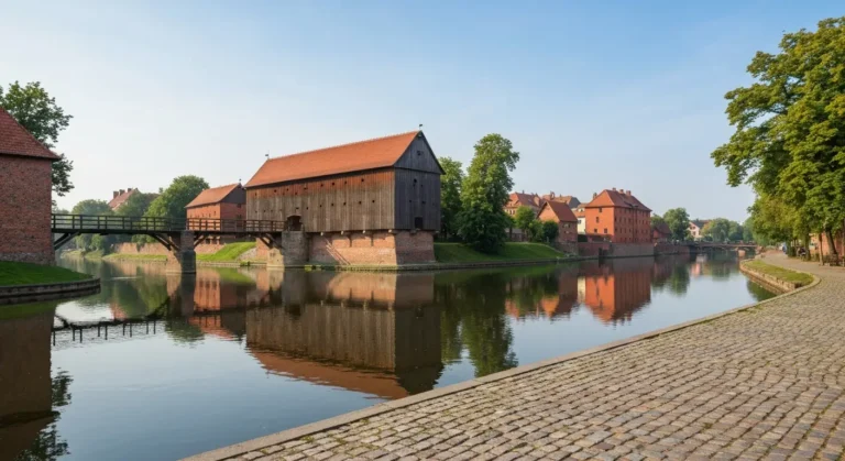Zabytkowe spichrze nad Brdą i mostek na Wyspie Młyńskiej w Bydgoszczy w porannym świetle, widok znad rzeki