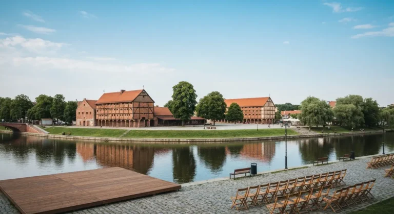 Zabytkowe spichrze nad Brdą i promenada Wyspy Młyńskiej w Bydgoszczy z plenerową sceną w parku, letni dzień
