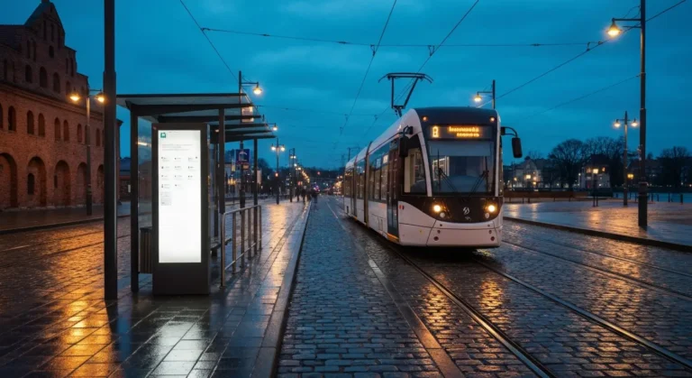 Wieczorny tramwaj MZK na przystanku w centrum Bydgoszczy nad Brda przy ceglanych spichrzach, mokra kostka i swiatla lata