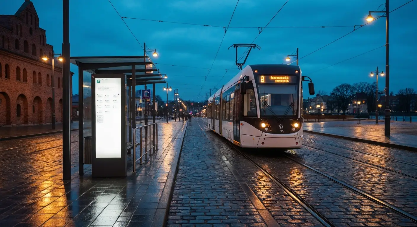 Wieczorny tramwaj MZK na przystanku w centrum Bydgoszczy nad Brda przy ceglanych spichrzach, mokra kostka i swiatla lata