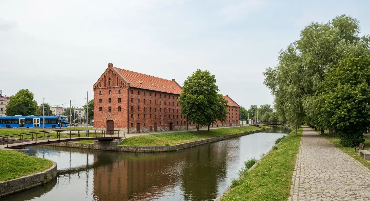 Wyspa Mlynska w Bydgoszczy nad Brda z ceglanym spichrzem, kladka pieszą i tramwajem w tle jako dojazd komunikacja miejsk