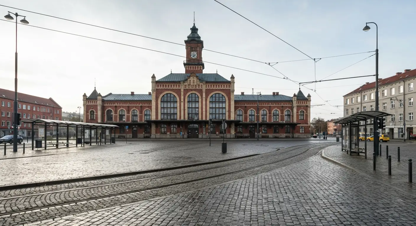 Zabytkowy budynek dworca kolejowego w Bydgoszczy z wieza zegarowa, pusty plac dworcowy z torami tramwajowymi i przystank