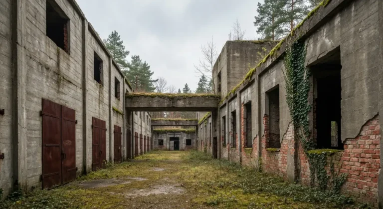 Betonowe hale i bunkry dawnej wojennej fabryki materialow wybuchowych Exploseum w lesie pod Bydgoszcza, zarosniete ziele