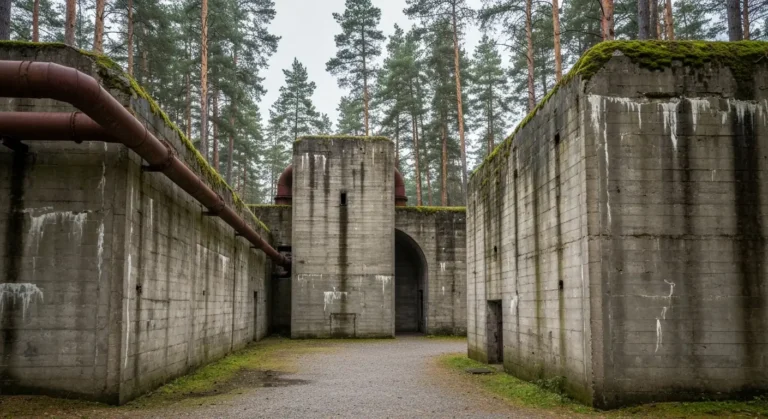 Surowe betonowe bunkry i zardzewiałe stalowe rury dawnej fabryki Exploseum wśród sosnowego lasu pod Bydgoszczą, żwirowa
