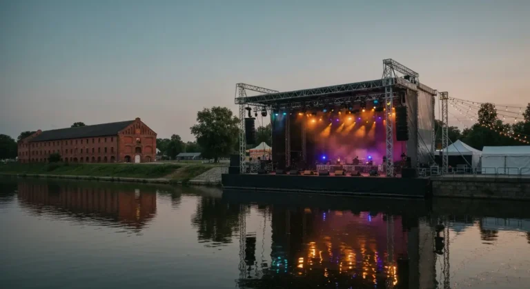 Plenerowa scena festiwalowa nad Brda na Wyspie Mlynskiej w Bydgoszczy o zmierzchu, kolorowe swiatla i ceglane spichrze w