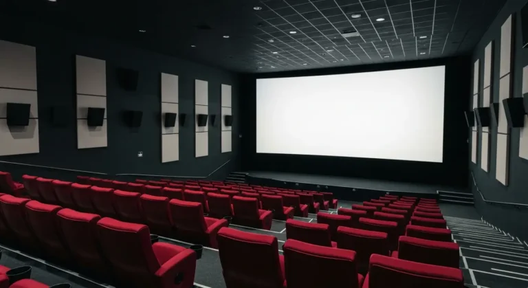 Puste wnetrze nowoczesnej sali kinowej z rzedami czerwonych foteli i duzym pustym ekranem, kino w Bydgoszczy