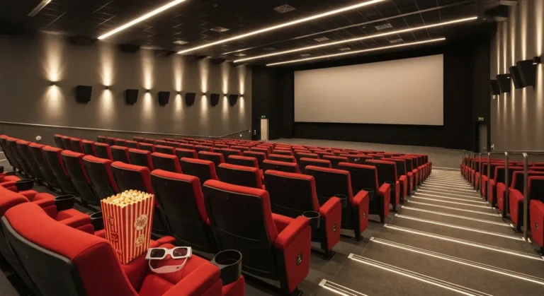 Wnetrze nowoczesnej sali kinowej w Bydgoszczy z rzedami czerwonych foteli i pustym ekranem, na podlokietniku popcorn i o