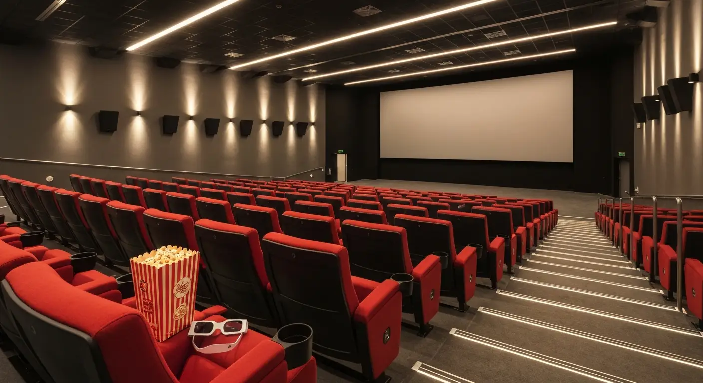 Wnetrze nowoczesnej sali kinowej w Bydgoszczy z rzedami czerwonych foteli i pustym ekranem, na podlokietniku popcorn i o