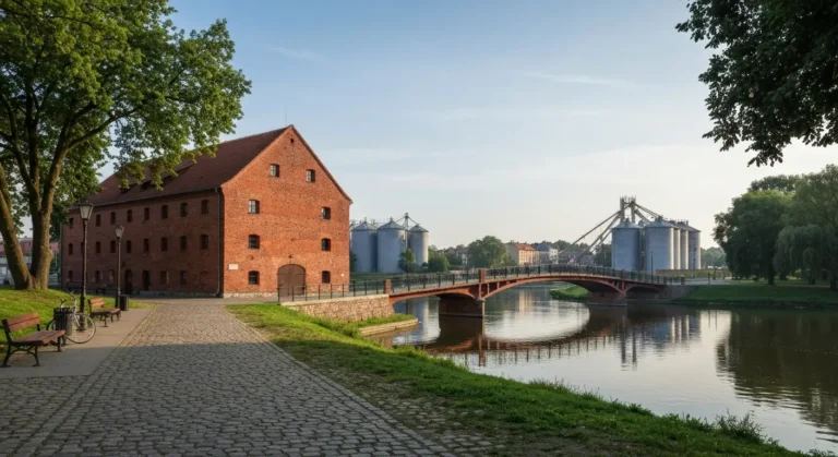 Wyspa Mlynska w Bydgoszczy - ceglany mlyn i mostek nad Brda, w tle bydgoska Starowka i spichrze