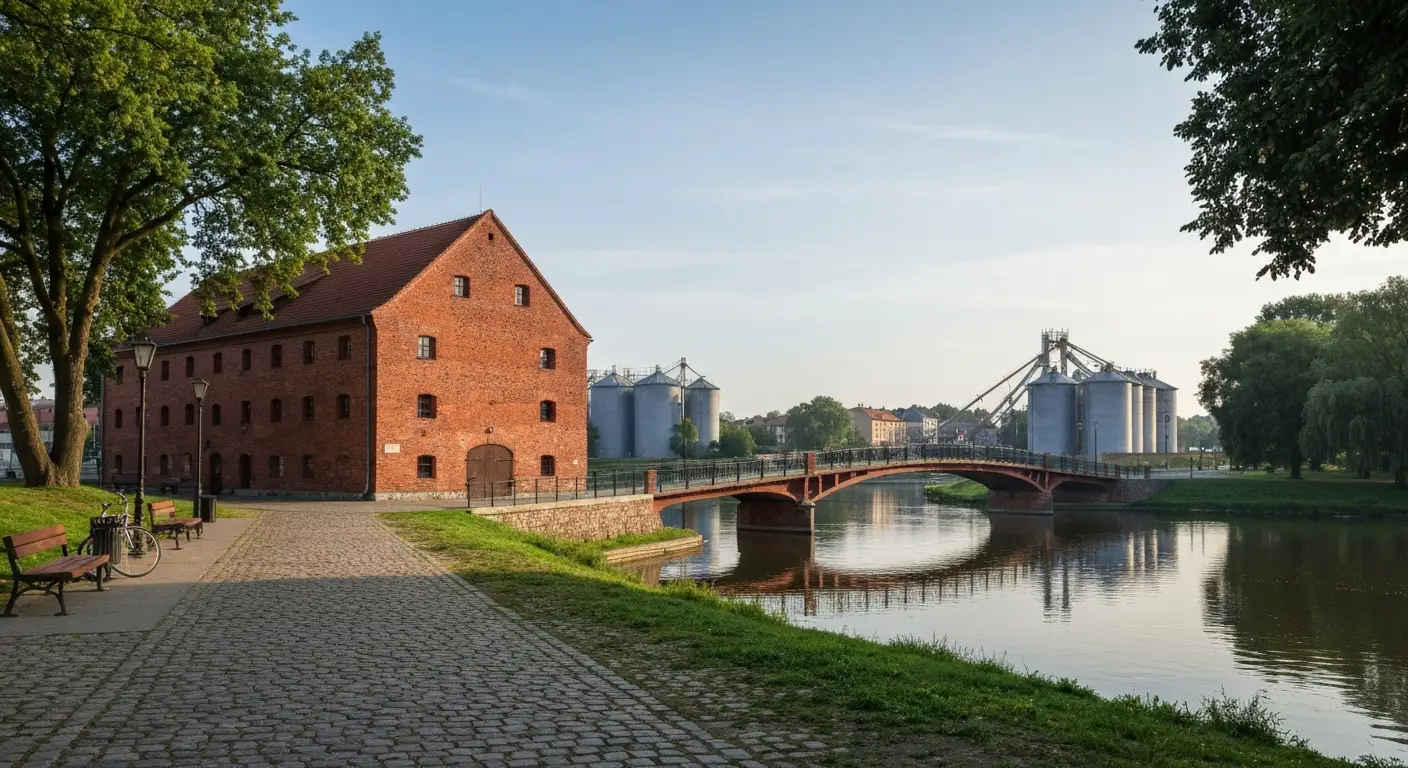 Wyspa Mlynska w Bydgoszczy - ceglany mlyn i mostek nad Brda, w tle bydgoska Starowka i spichrze