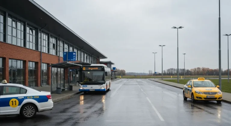 Terminal lotniska w Bydgoszczy z miejskim autobusem na przystanku i taksowka na postoju w pochmurny dzien