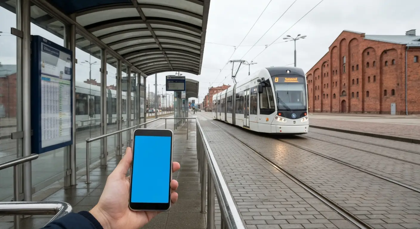 Nowoczesny tramwaj na przystanku w centrum Bydgoszczy, dloni trzymajaca telefon z mapa nawigacji, w tle kamienice i spic