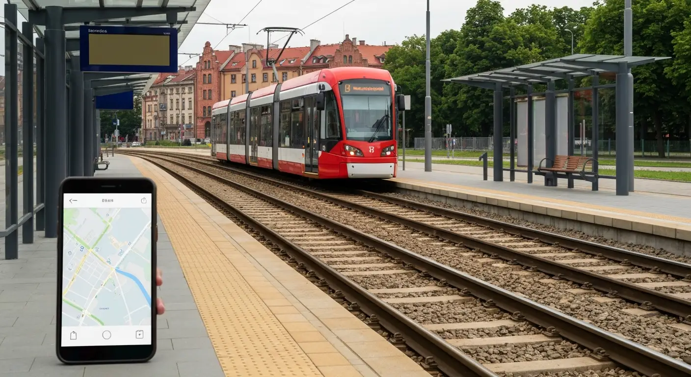 Nowoczesny tramwaj na przystanku w centrum Bydgoszczy z tablica odjazdow i smartfonem z mapa polaczen