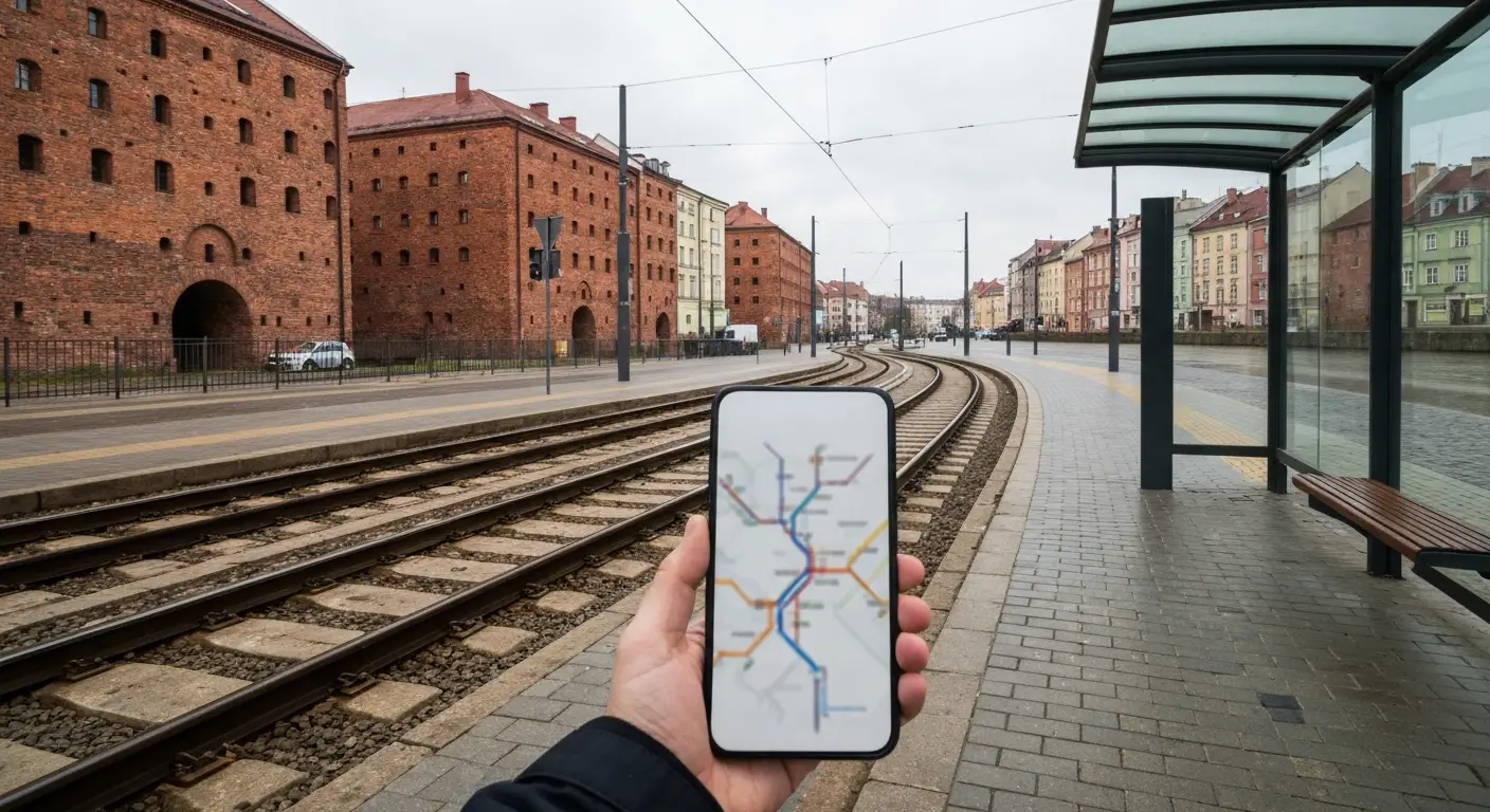 Smartfon z rozmyta mapa trasy przy przystanku tramwajowym w centrum Bydgoszczy, w tle ceglane spichrze nad Brda