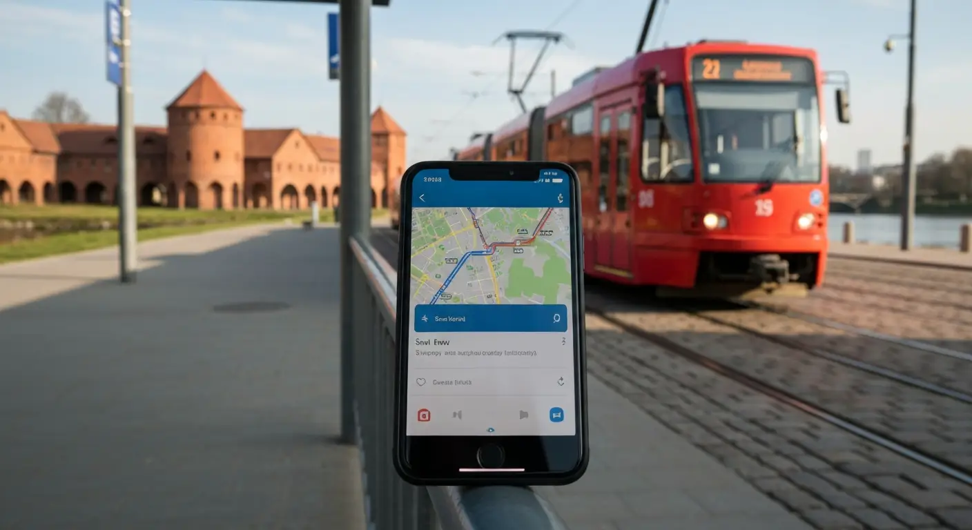 Smartfon z zapisana trasa komunikacji miejskiej lezacy na barierce przystanku w Bydgoszczy, w tle rozmyty tramwaj i cegl