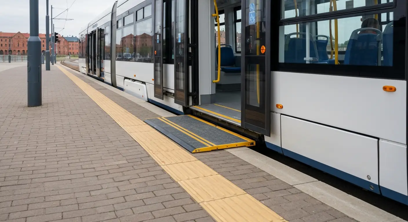 Niskopodlogowy tramwaj z rozlozona rampa przy peronie na poziomie ulicy w centrum Bydgoszczy, z widoczna przestrzenia dl