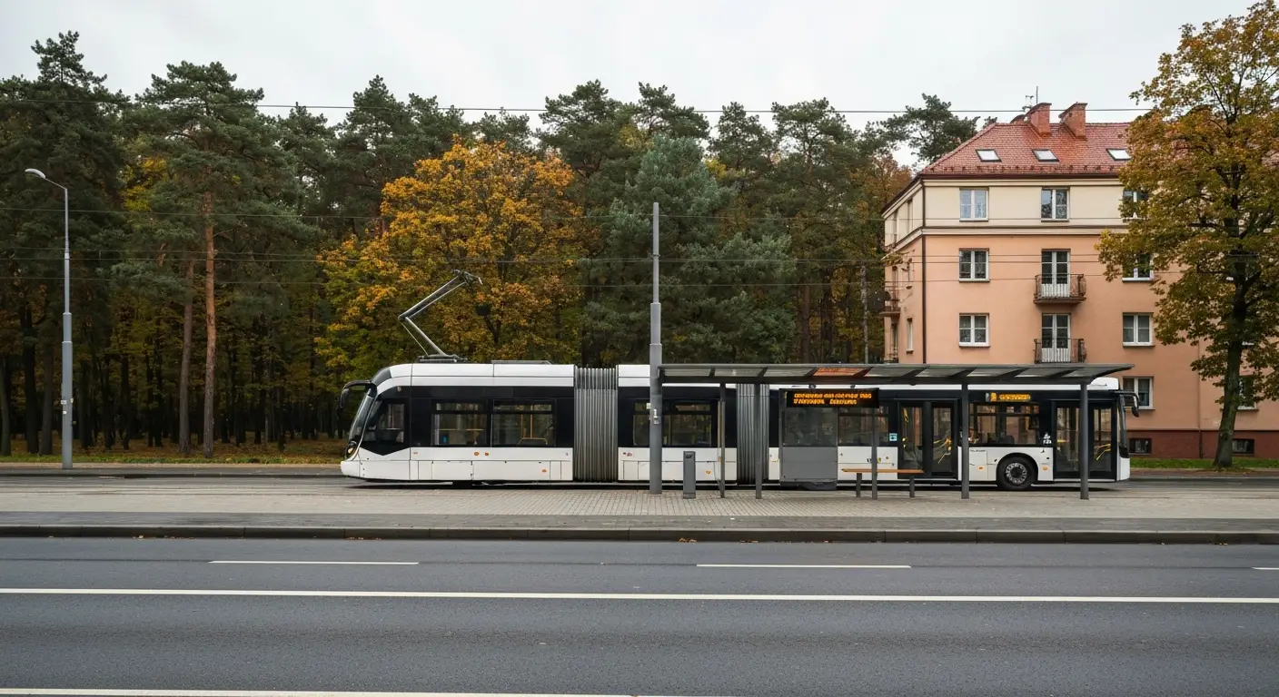 Miejski tramwaj i autobus na zadaszonym przystanku przy zalesionej alei w Bydgoszczy, w tle skraj parku rekreacyjnego My