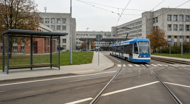 Przystanek tramwajowy przy rozleglym kampusie szpitalnym w Bydgoszczy, nadjezdzajacy tramwaj i przejscie dla pieszych w