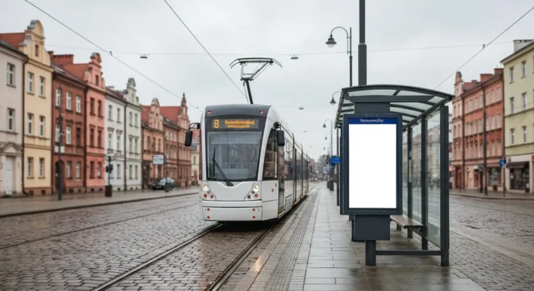 Nowoczesny tramwaj czekajacy na przystanku komunikacji miejskiej w centrum Bydgoszczy przy kamienicach starego miasta o