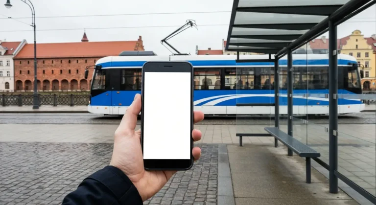 Dlon trzymajaca smartfon na przystanku tramwajowym w centrum Bydgoszczy, rozmyty tramwaj i ceglane spichrze nad Brda w t
