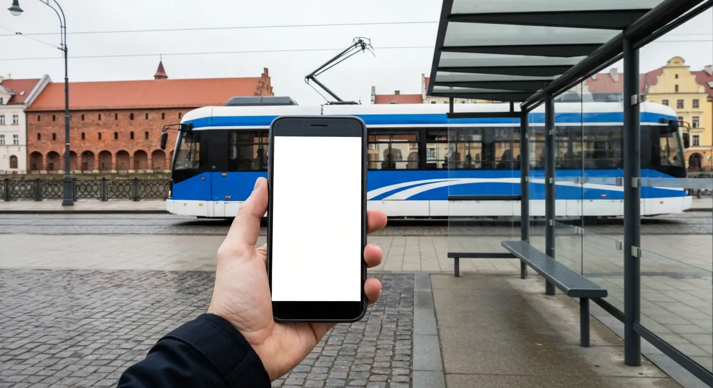 Dlon trzymajaca smartfon na przystanku tramwajowym w centrum Bydgoszczy, rozmyty tramwaj i ceglane spichrze nad Brda w t