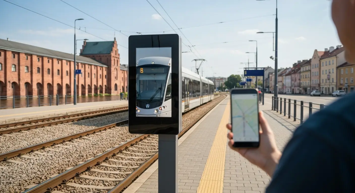 Nowoczesny tramwaj podjeżdżający na przystanek w Bydgoszczy, tablica informacji pasażerskiej i dłoń trzymająca smartfon,