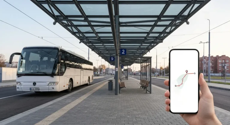 Dalekobiezny autobus przy peronie dworca autobusowego w Bydgoszczy i dlon z telefonem planujacym trase do centrum