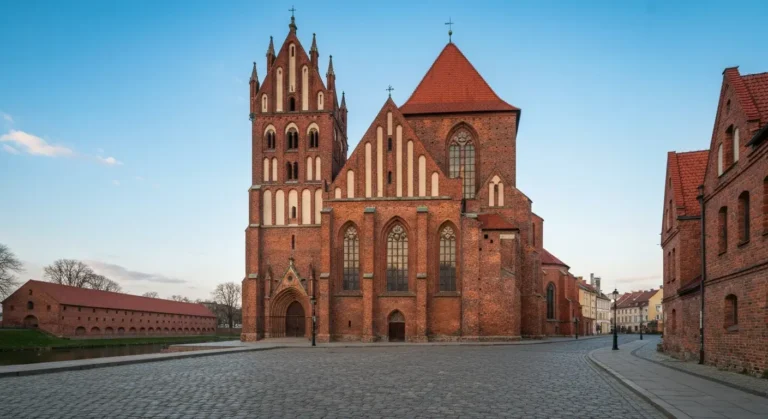 Ceglana gotycka Katedra Bydgoska z wysoka wieza w historycznym centrum miasta, w tle rzeka Brda i spichrze