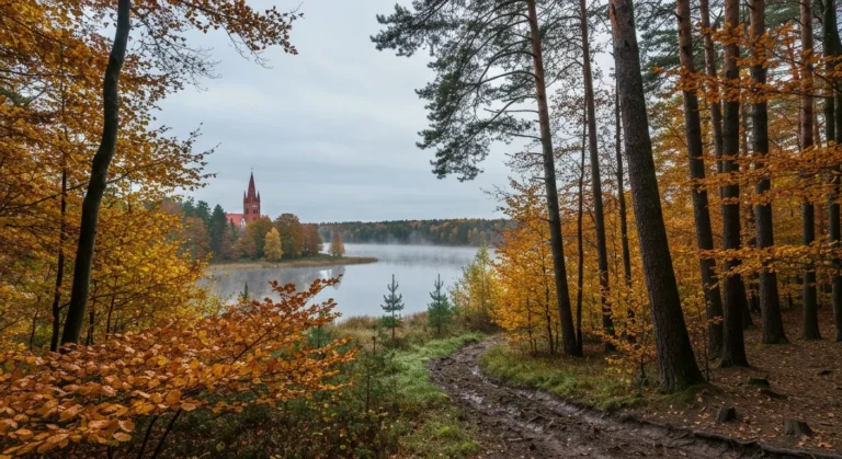 Jesienny las i punkt widokowy nad Zalewem Koronowskim, w oddali ceglana wieza kosciola w Koronowie, mgla nad woda.