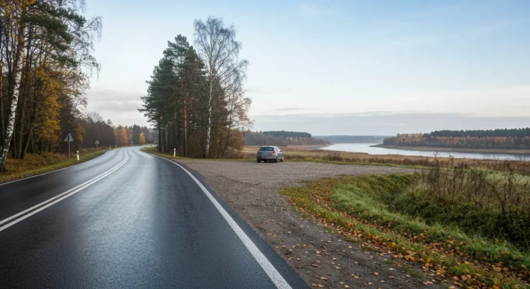 Prowincjonalna droga z Bydgoszczy do Koronowa jesienią, mokry asfalt, opadłe liście i dolina Brdy w tle